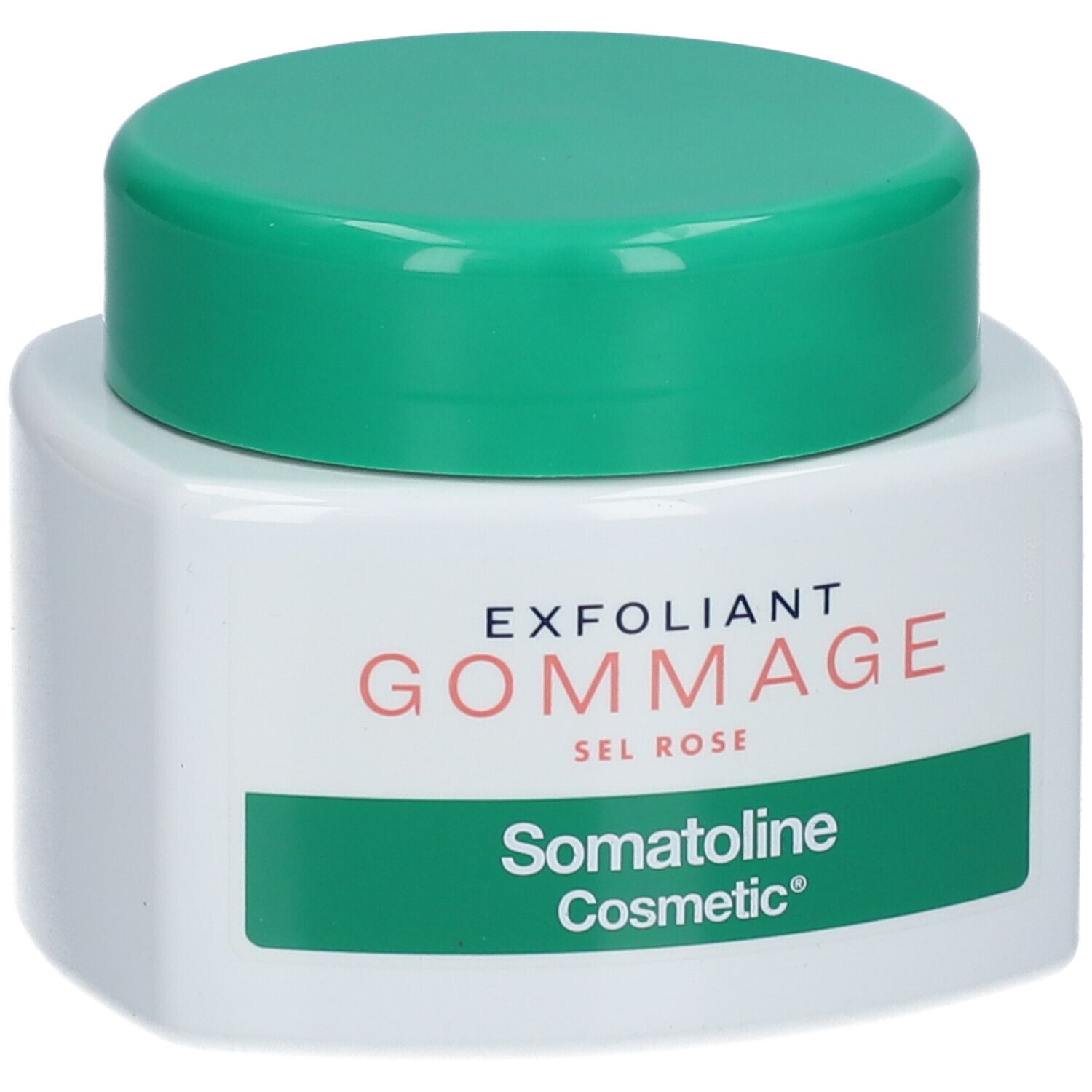 Pot blanc avec couvercle vert. Inscription: EXFOLIANT GOMMAGE SEL ROSE. Marque: Somatoline Cosmetic.