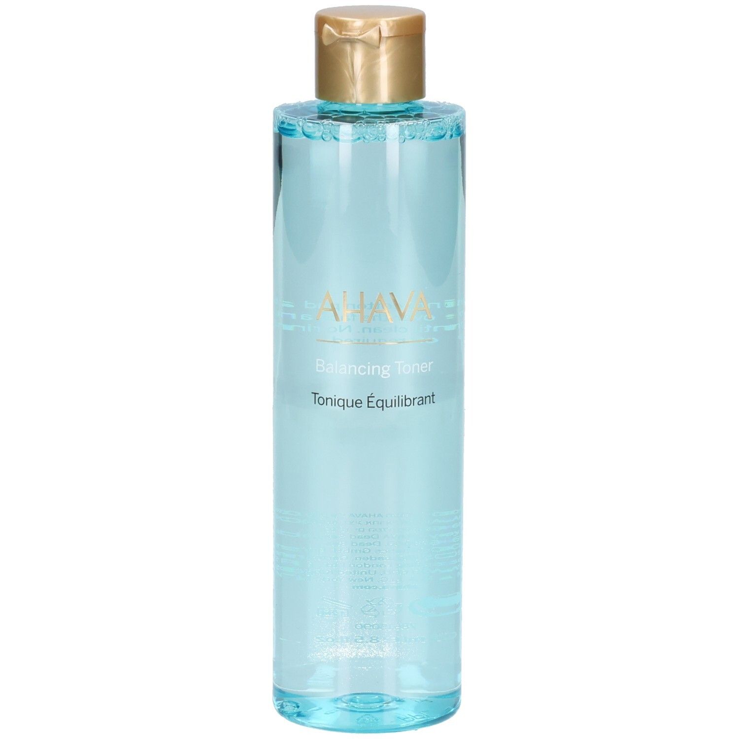 Flacon bleu transparent, bouchon doré. Inscriptions: AHAVA, Balancing Toner, Tonique Équilibrant.