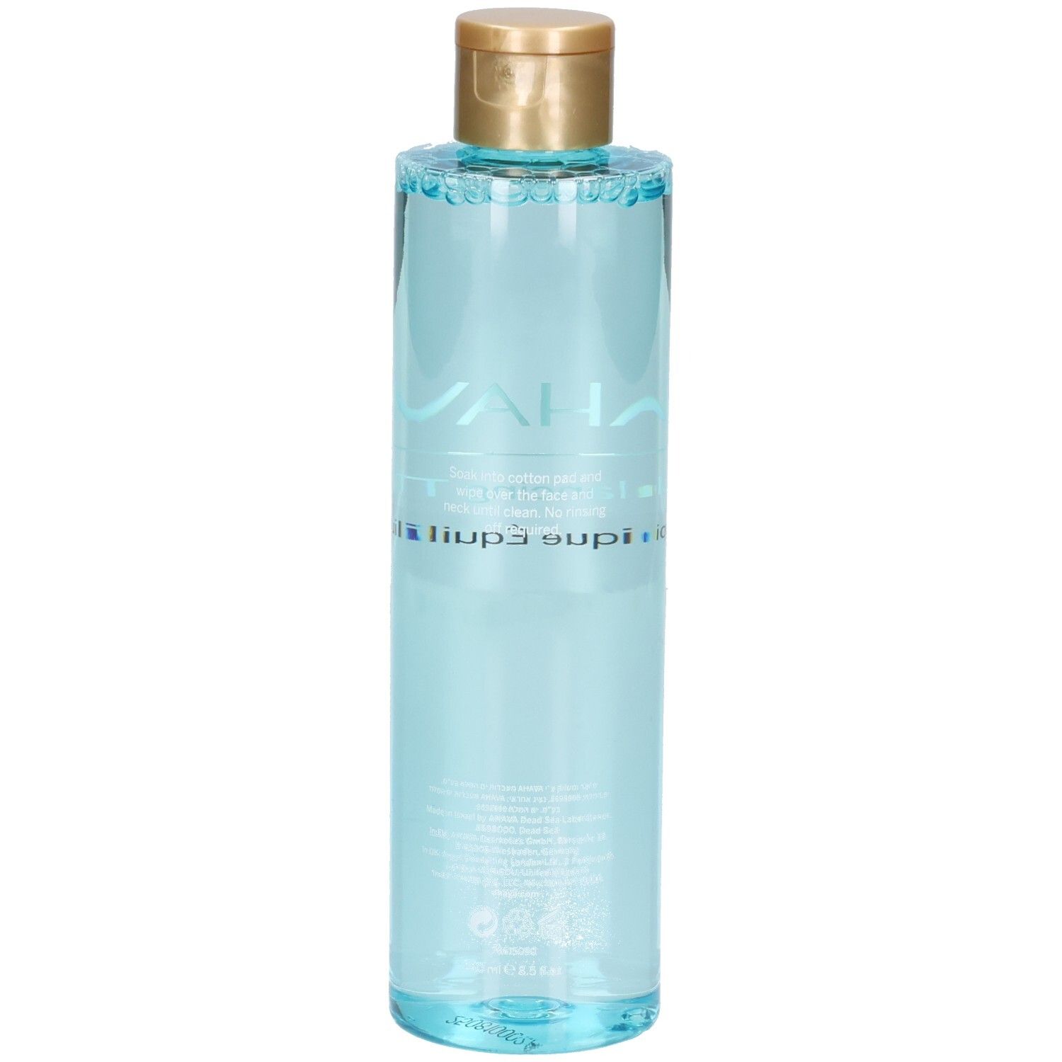 Flacon bleu transparent, bouchon doré. Inscriptions: AHAVA, Balancing Toner, Tonique Équilibrant.