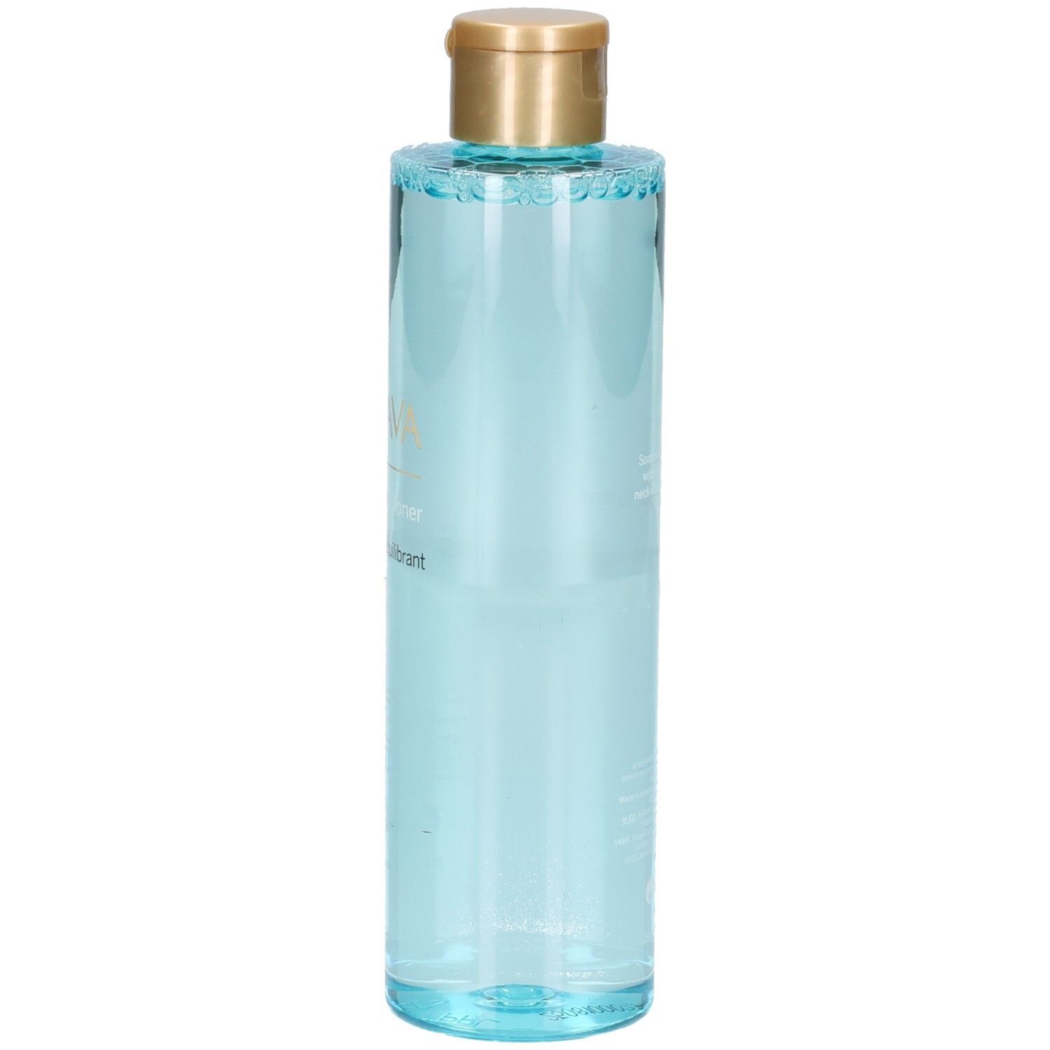 Flacon bleu transparent, bouchon doré. Inscriptions: AHAVA, Balancing Toner, Tonique Équilibrant.