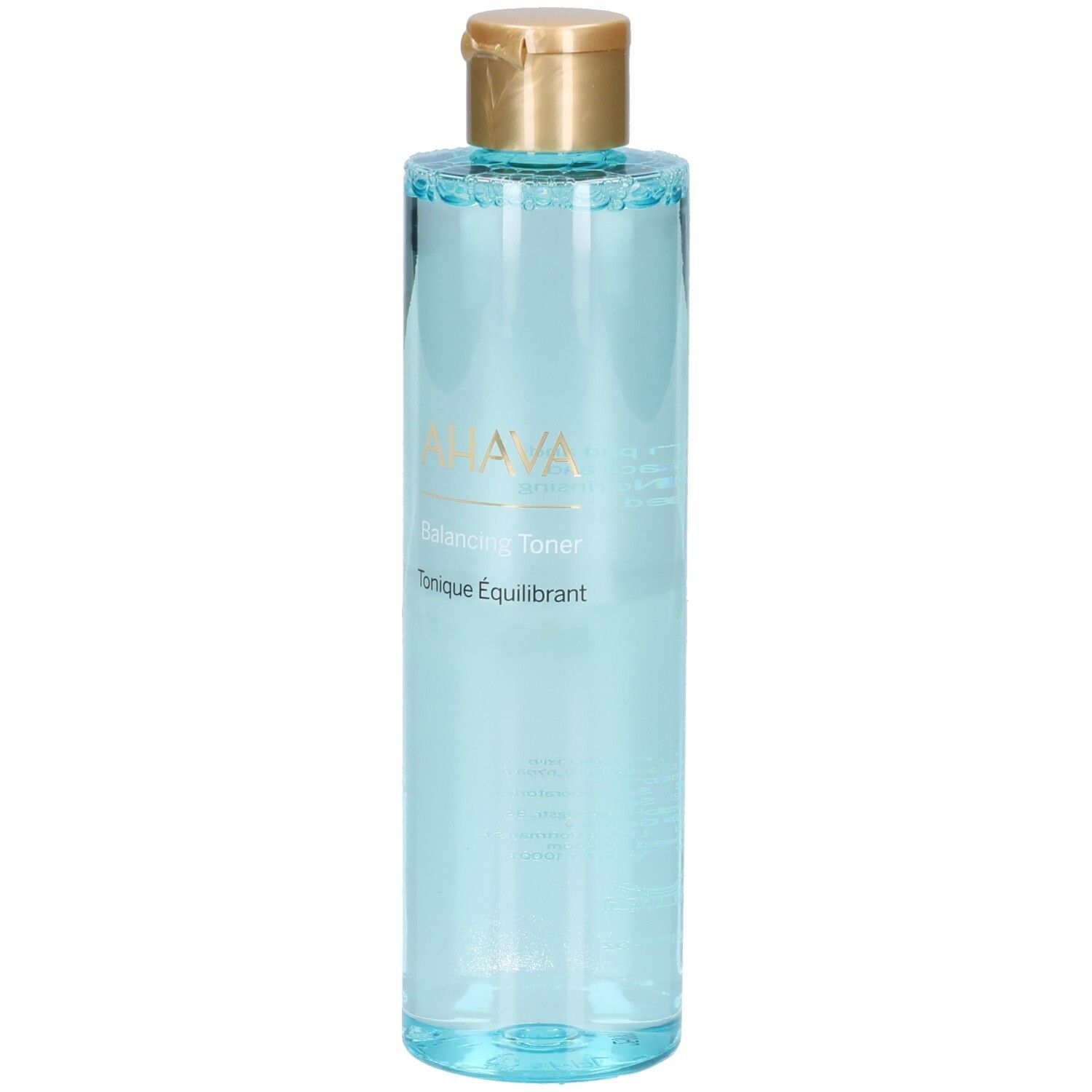 Flacon bleu transparent, bouchon doré. Inscriptions: AHAVA, Balancing Toner, Tonique Équilibrant.