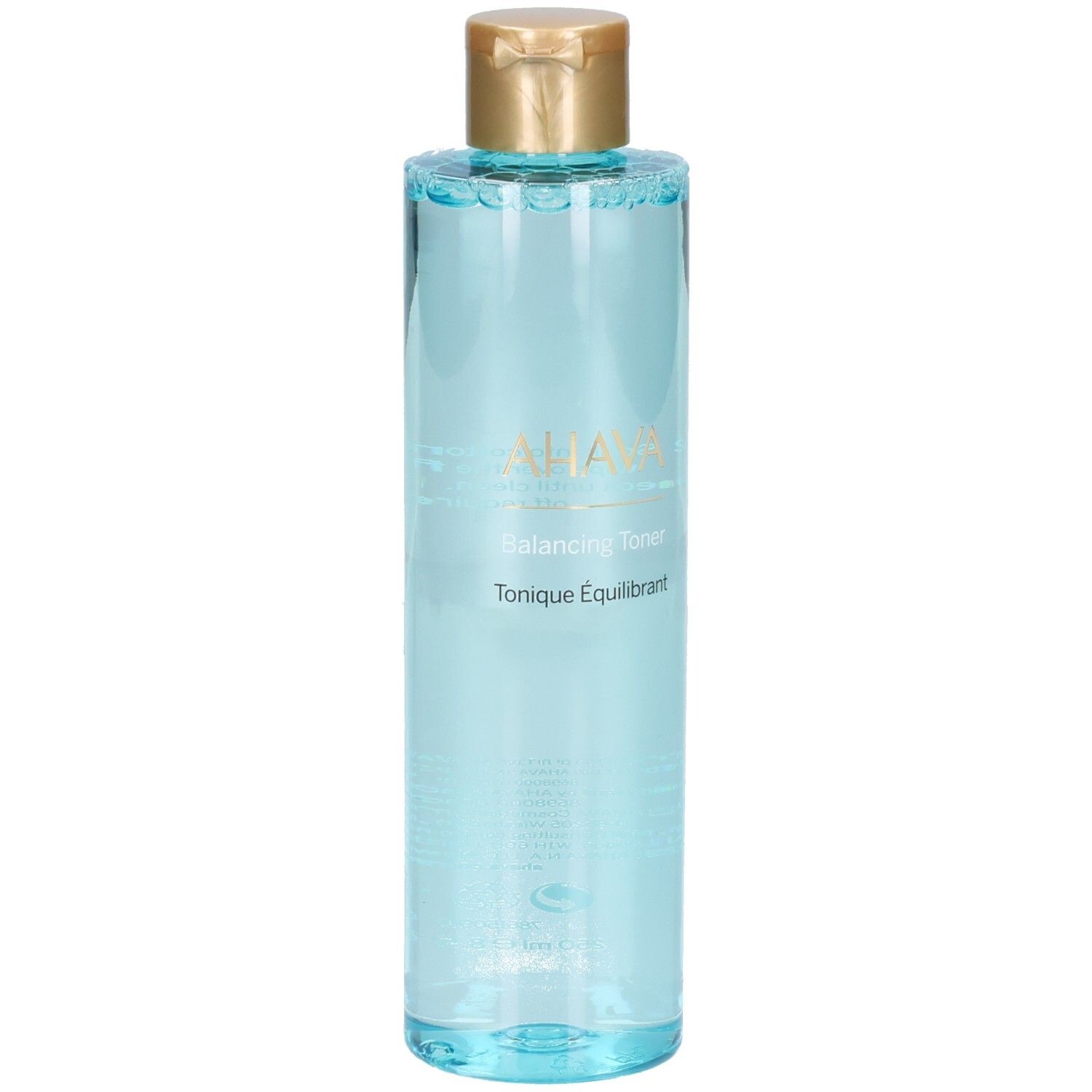 Flacon bleu transparent, bouchon doré. Inscriptions: AHAVA, Balancing Toner, Tonique Équilibrant.