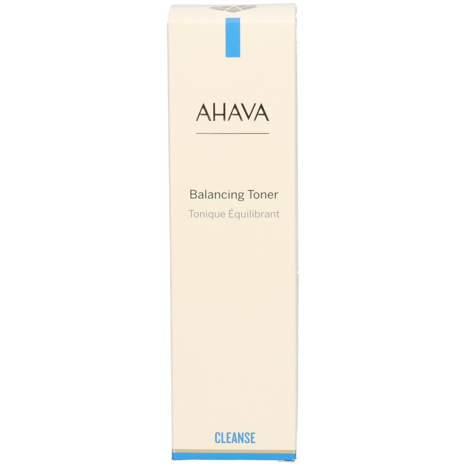 Emballage. Blanc, bande bleue. Inscriptions: AHAVA, Balancing Toner, Tonique Équilibrant, CLEANSE.