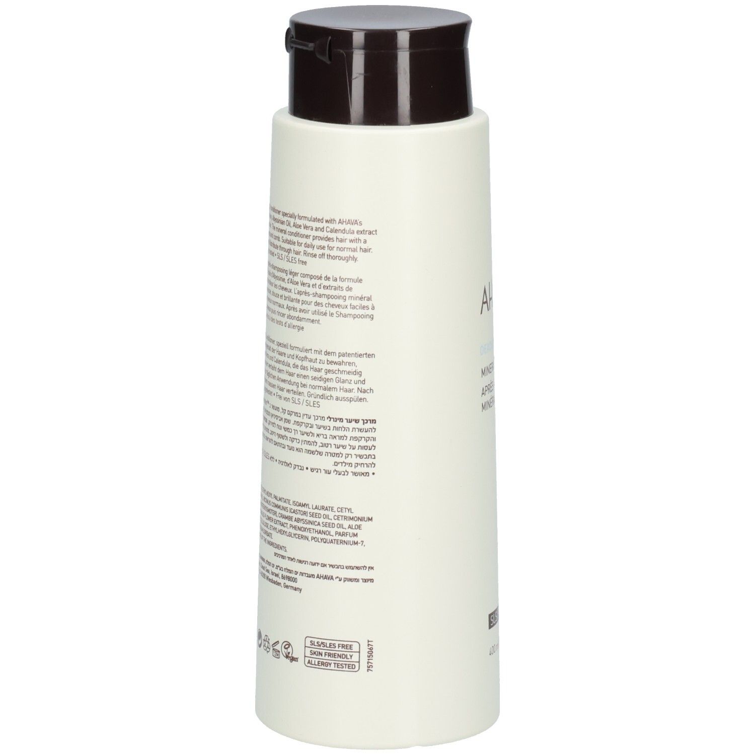 Dos du flacon AHAVA Mineral Conditioner. Texte: Ingrédients, mode d'emploi, SLS/SLES Free.