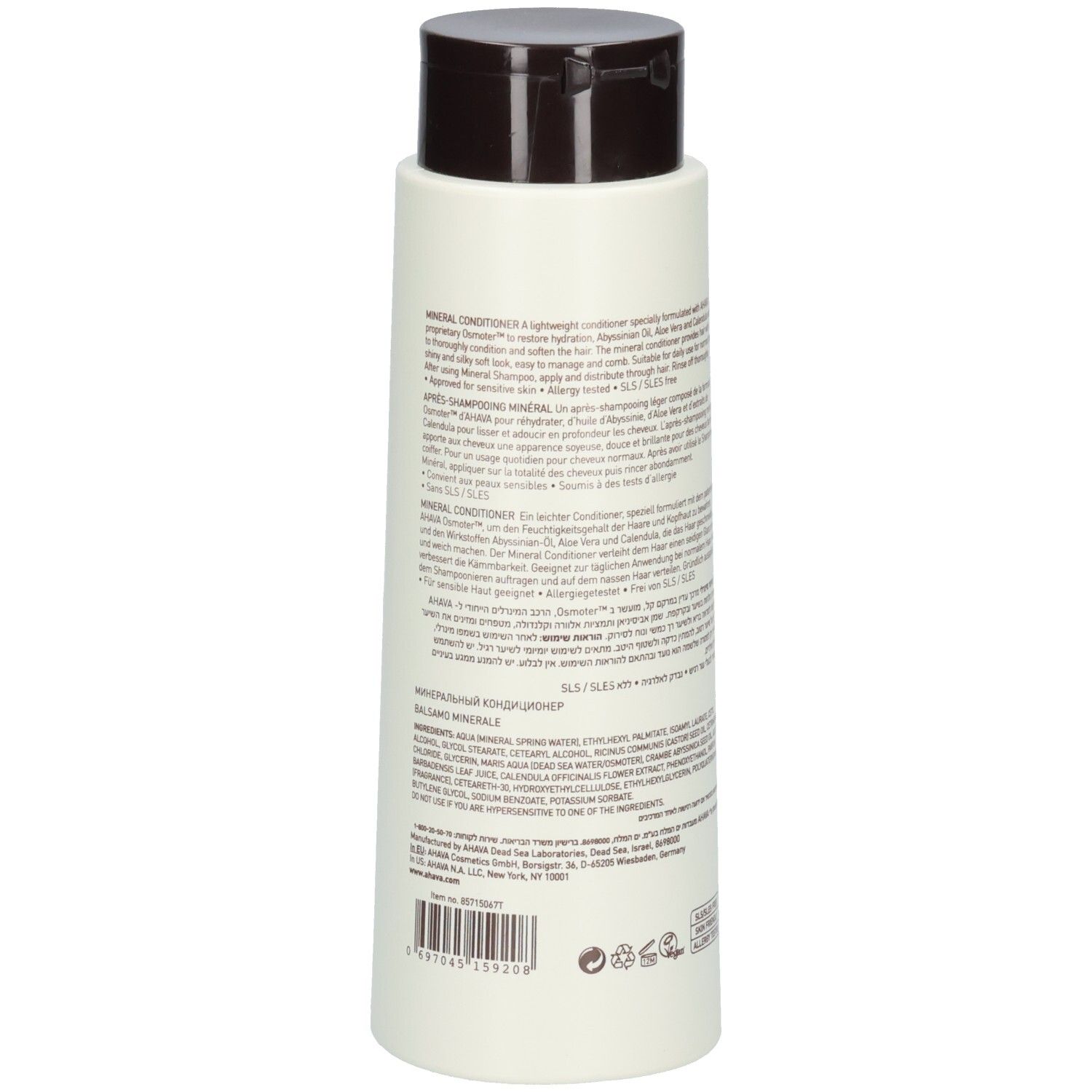Dos du flacon AHAVA Mineral Conditioner. Texte: Ingrédients, mode d'emploi, SLS/SLES Free.