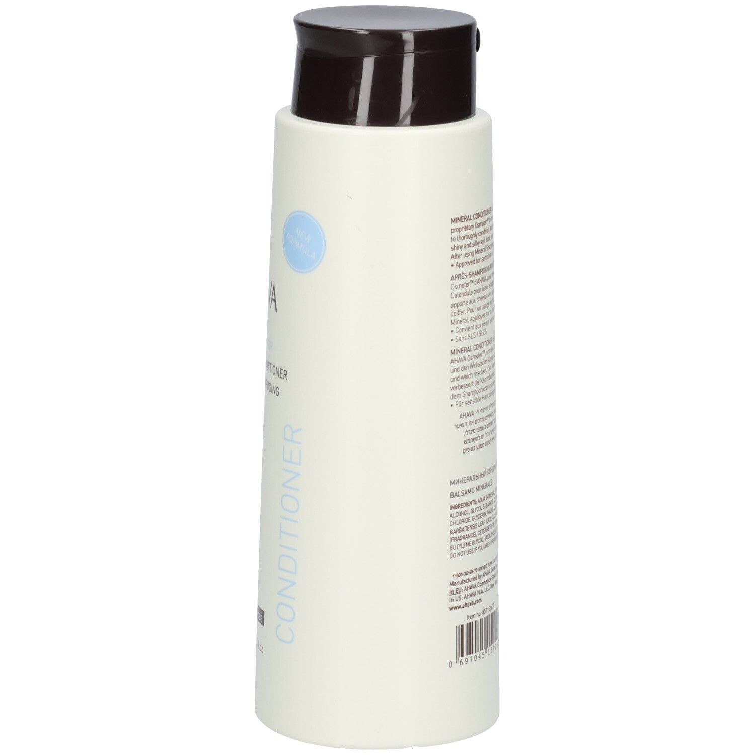 Flacon AHAVA Mineral Conditioner. Blanc, bouchon marron. Texte: AHAVA, Mineral Conditioner, SLS/SLES Free.