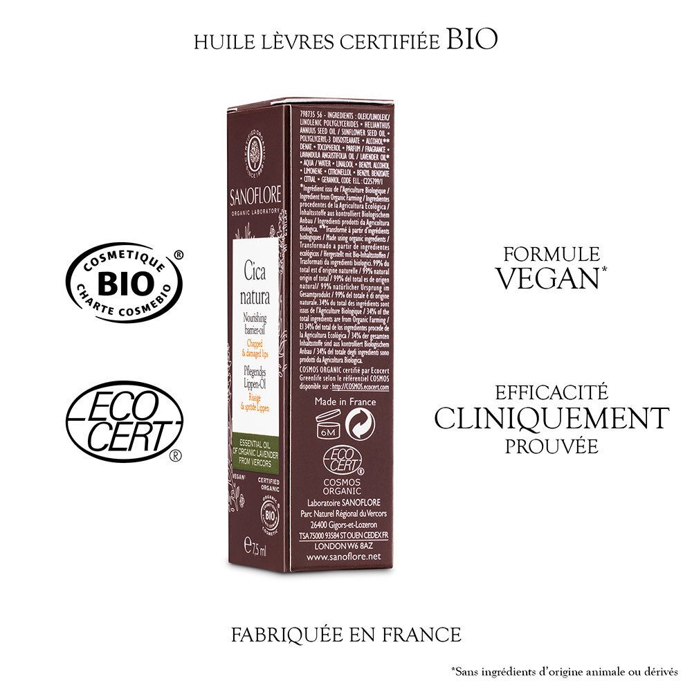 SANOFLORE Huile-barrière Cica natura certifiée Bio pour lèvres gercées et abîmées