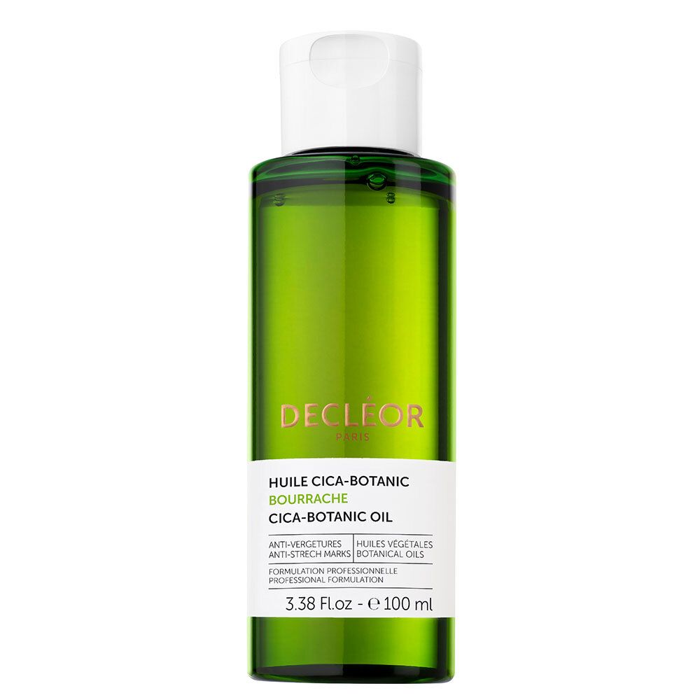 Flacon vert, bouchon blanc. Étiquette: DECLÉOR, HUILE CICA-BOTANIC. 100 ml.