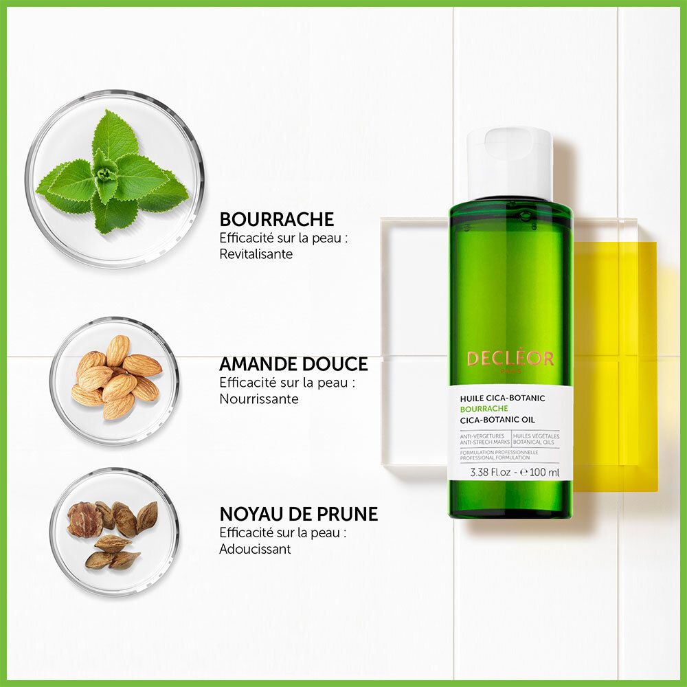 Flacon et ingrédients: Bourrache, Amande douce, Noyau de prune. Texte: DECLÉOR, HUILE CICA-BOTANIC.