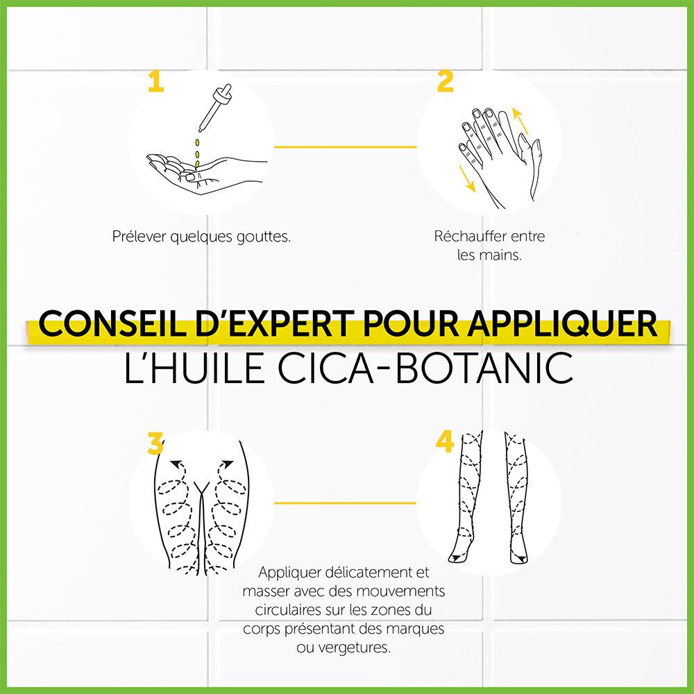Conseils d'application. Étapes 1-4. Texte: HUILE CICA-BOTANIC. Illustrations.