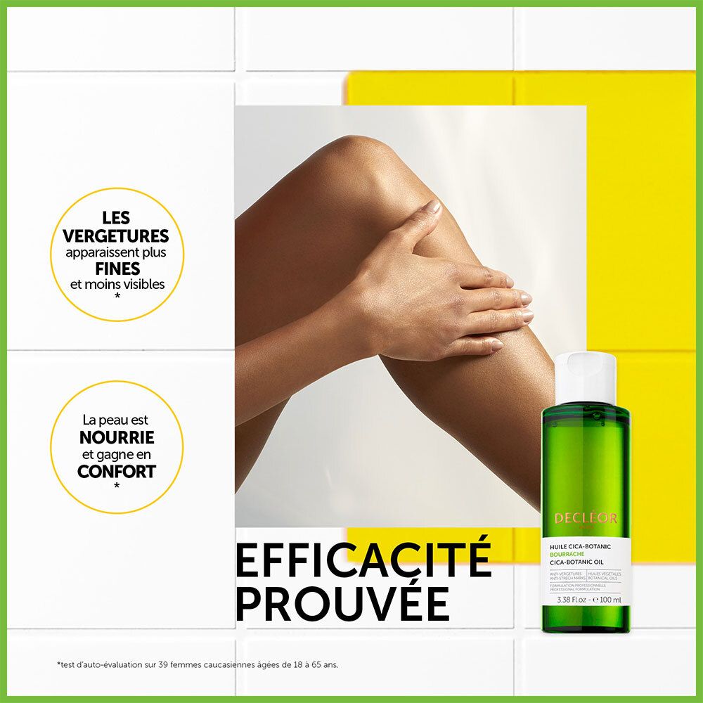 Jambe avec flacon. Texte: EFFICACITÉ PROUVÉE. Texte: DECLÉOR, HUILE CICA-BOTANIC.