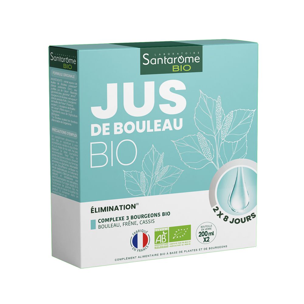 Santarome Bio Jus de Bouleau "Élimination" boîte carton avec feuilles et goutte. Contient 2x200ml.