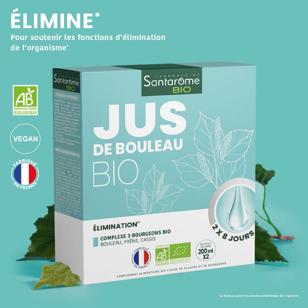 Santarome Bio Jus de Bouleau "Élimination" boîte carton avec logos (AB, Vegan, Fabriqué en France).
