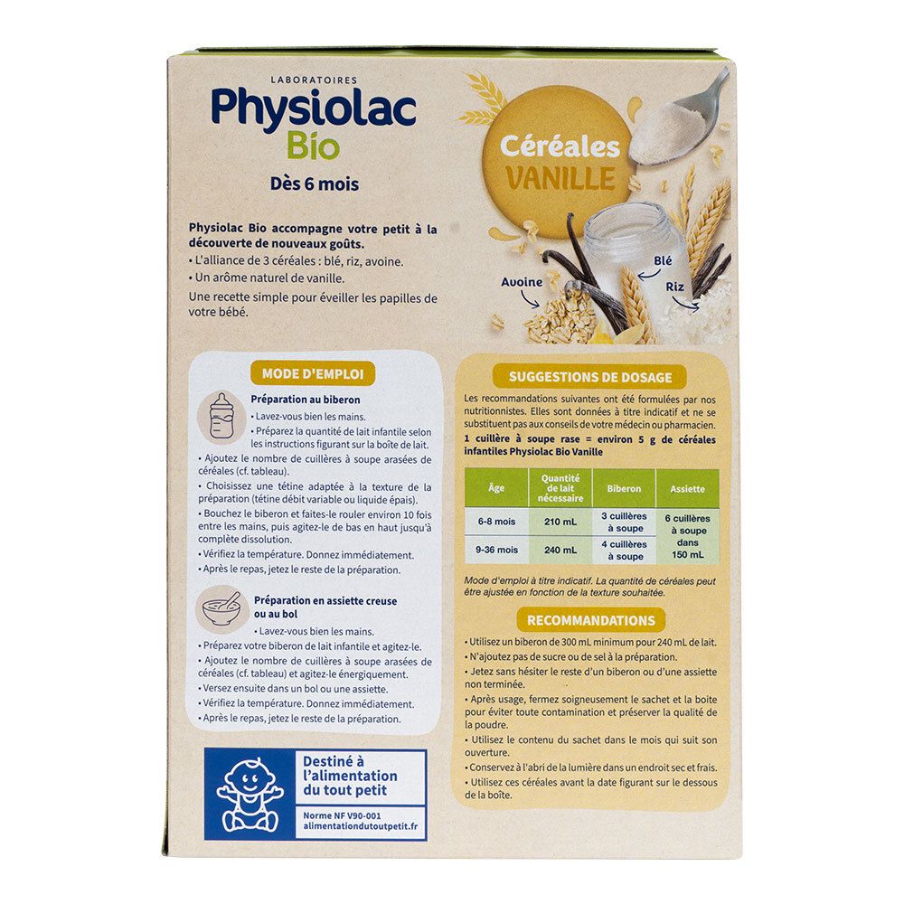 Dos de la boîte Physiolac Bio Céréales Vanille. Informations sur la préparation, le dosage et les recommandations.
