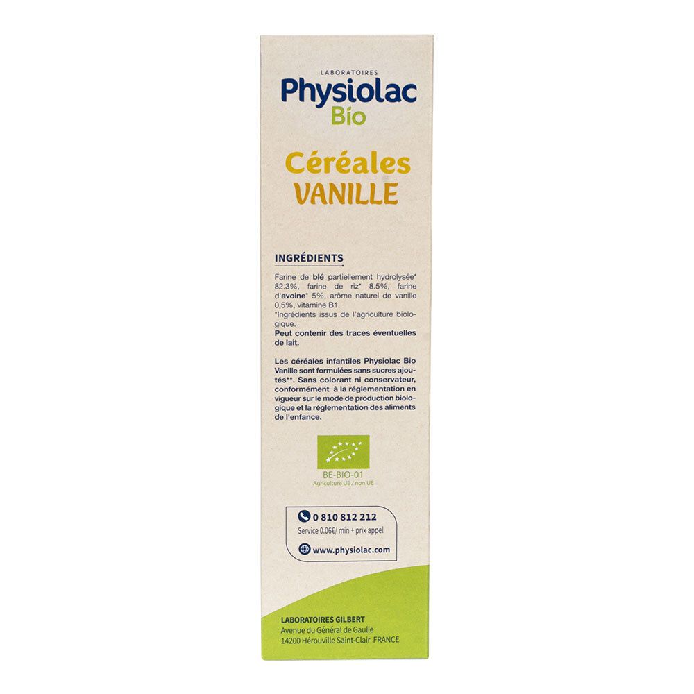 Vue latérale de la boîte Physiolac Bio Céréales Vanille. Liste des ingrédients, coordonnées et certifications.