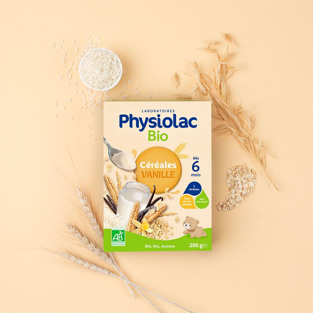Physiolac Bio Céréales Vanille, dès 6 mois. Emballage avec ingrédients et illustrations. Entouré d'ingrédients.