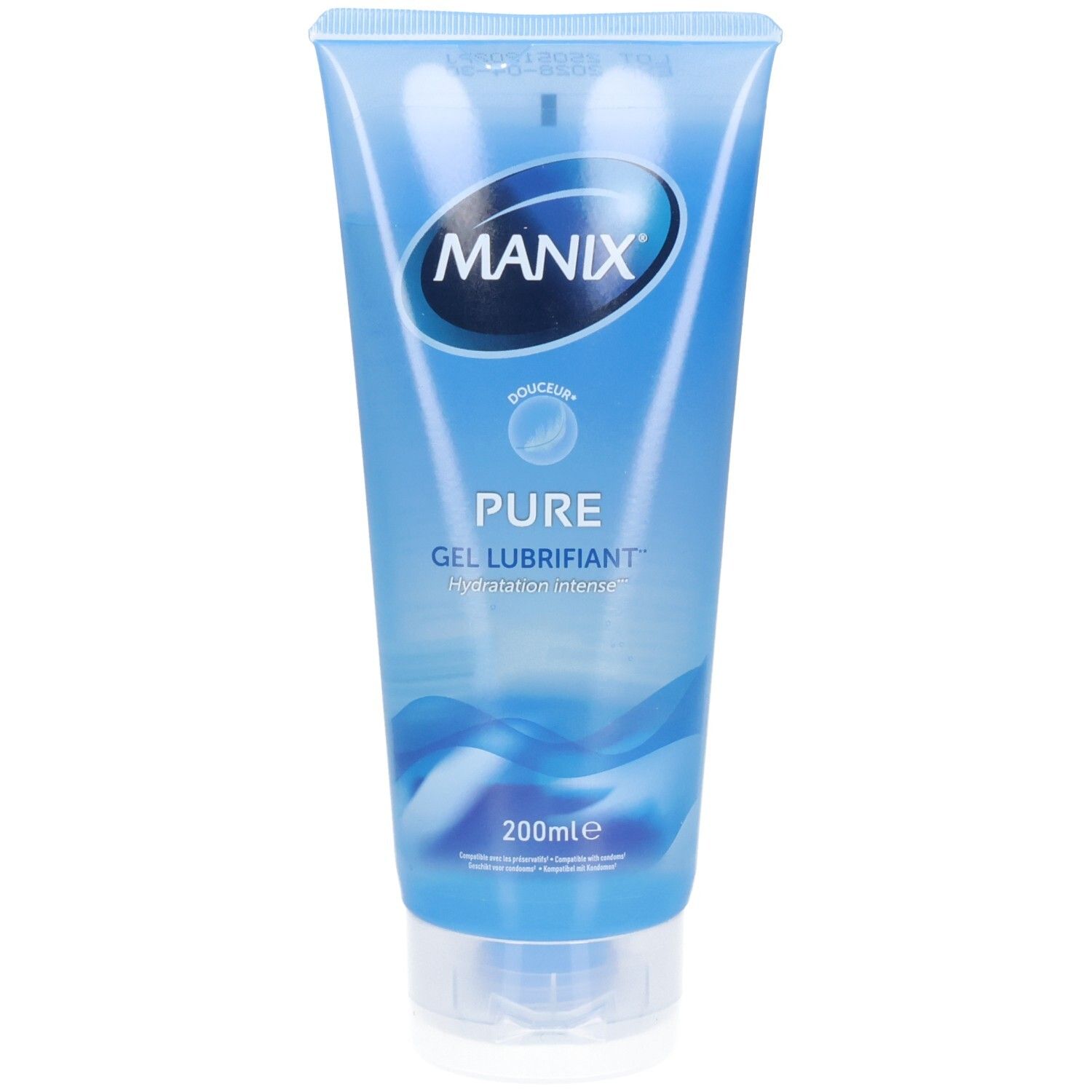 Tube bleu transparent. Logo MANIX. Inscription "PURE GEL LUBRIFIANT". Texte "Hydratation intense". "200ml e" en bas.