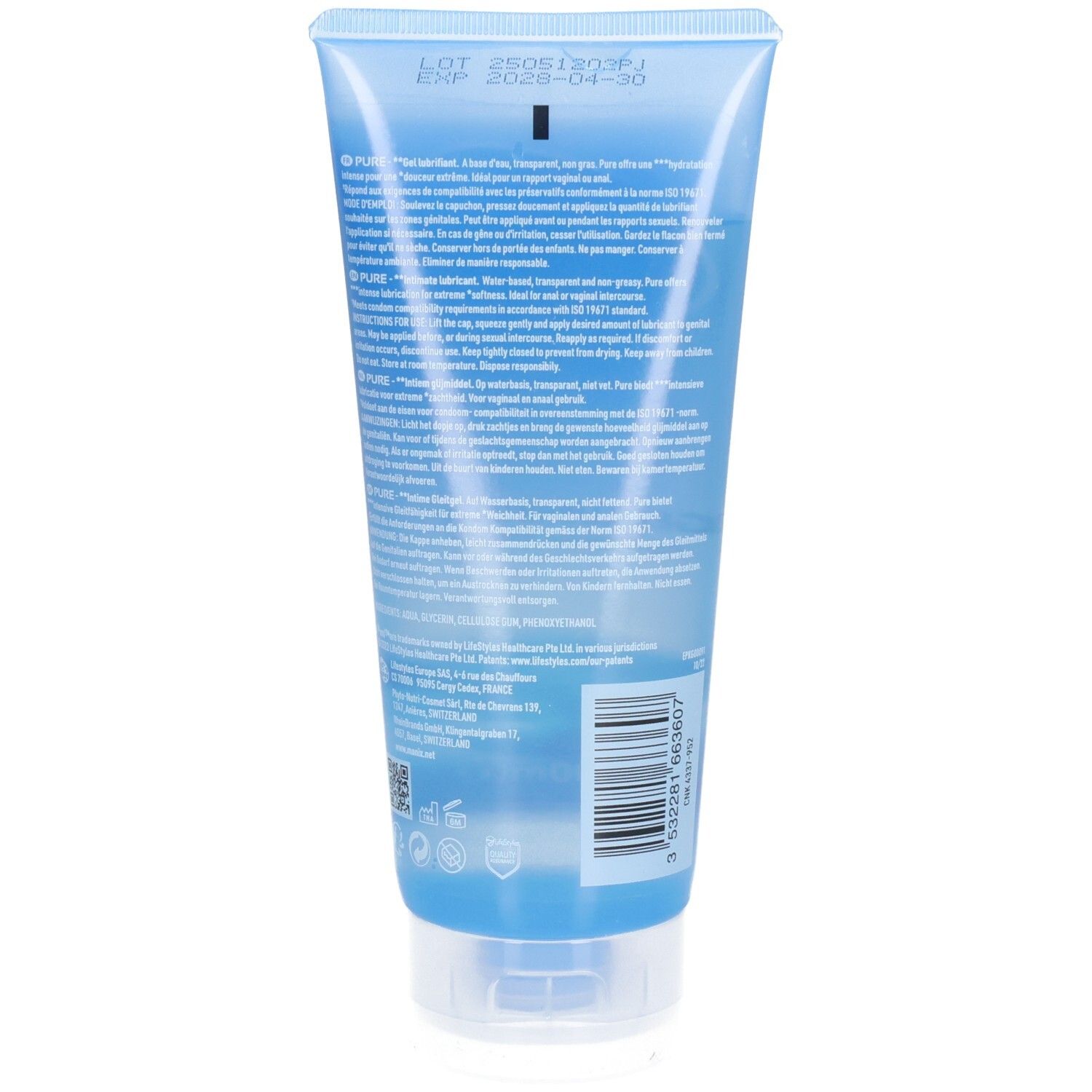 Dos du tube. Texte multilingue. Numéro de lot et date d'expiration. Liquide bleu transparent visible.