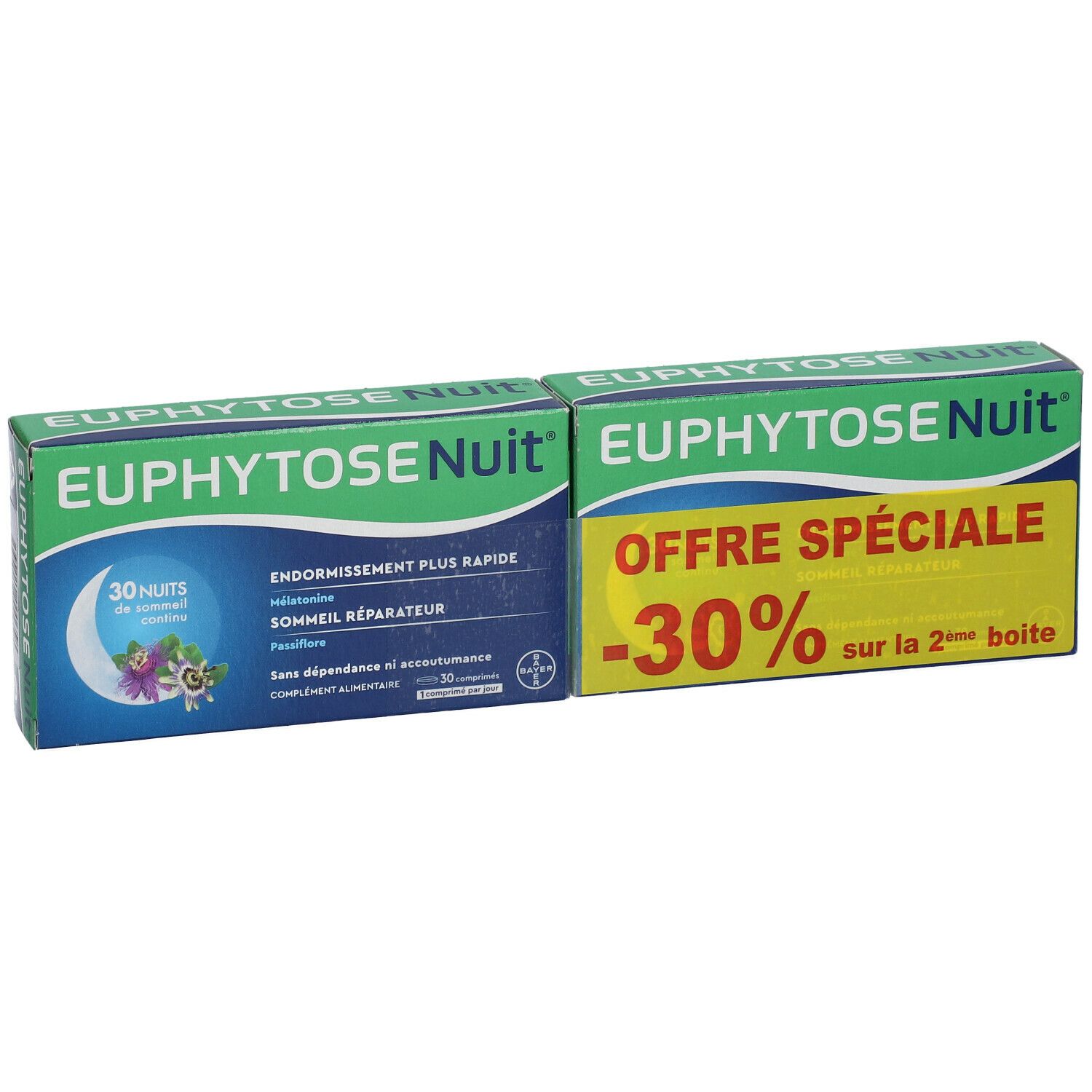 Deux boîtes EuphytoseNuit. Emballage vert et blanc. Inscription : EuphytoseNuit, 30 nuits, -30% de réduction sur la 2ème boîte.