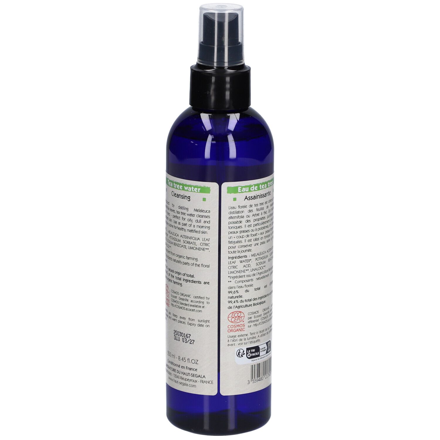 Flacon bleu avec vaporisateur. Dos avec texte et ingrédients. Certification bio. Grand format.