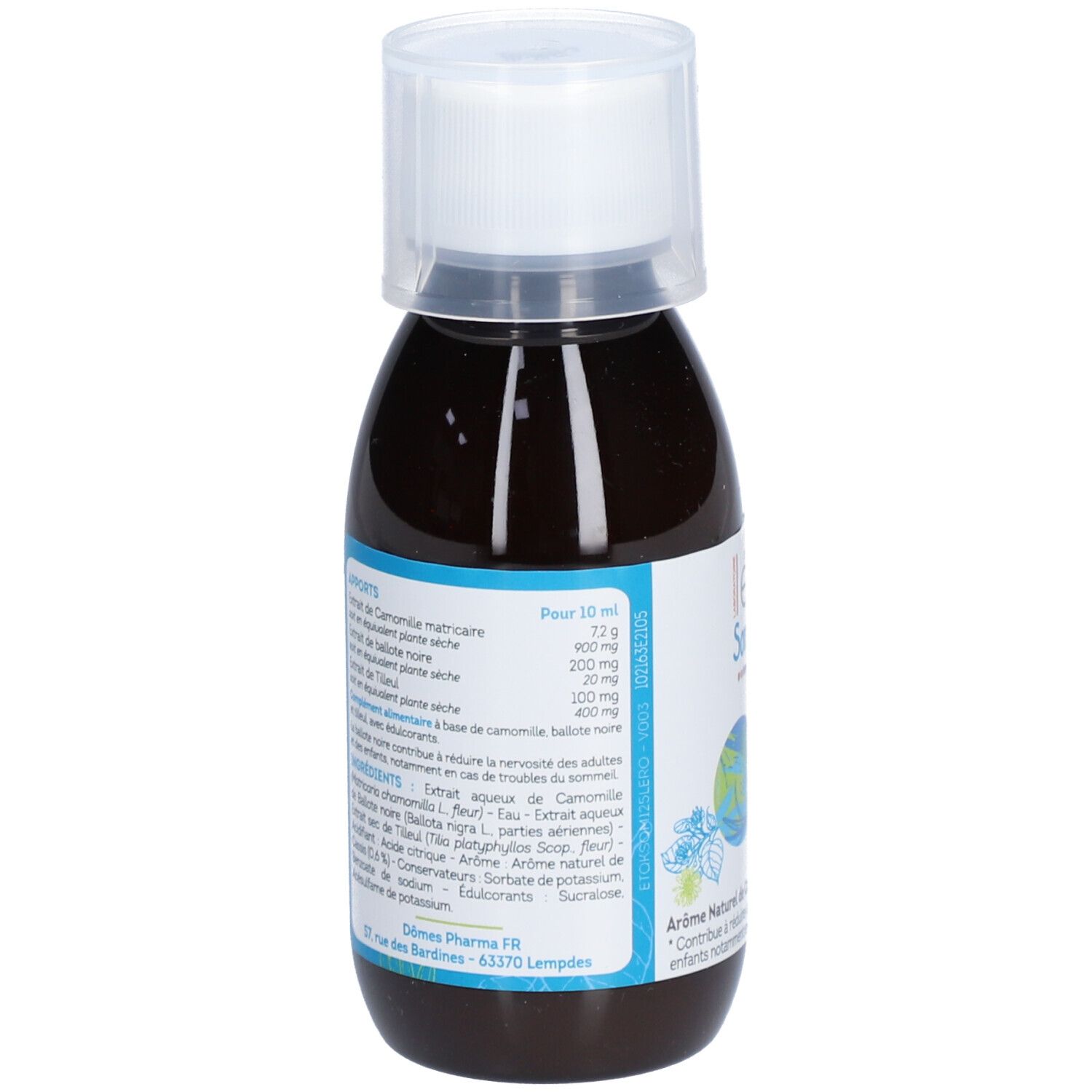 Flacon brun avec bouchon blanc. Étiquette avec ingrédients et informations nutritionnelles. Nom du produit léro Sommeil.