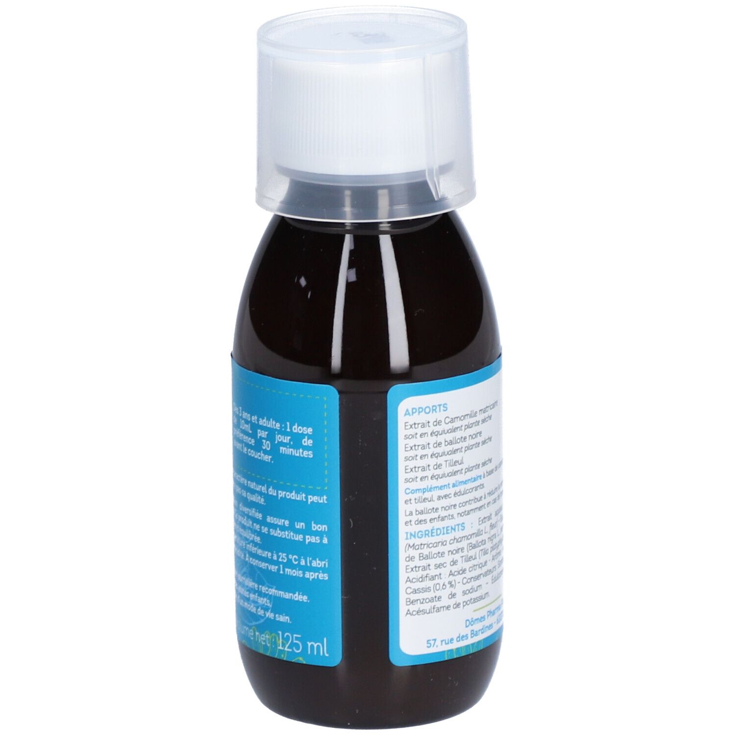 Flacon brun avec bouchon blanc. Étiquette avec instructions de dosage et informations. Nom du produit léro Sommeil.