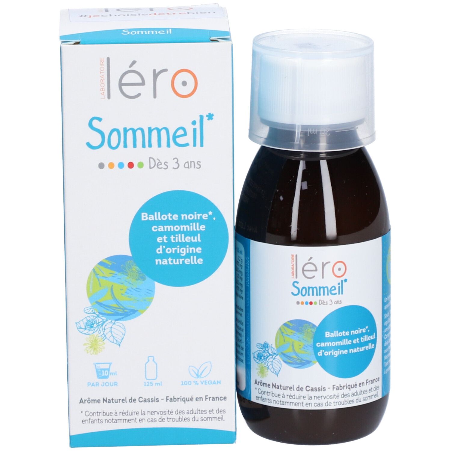 Flacon brun et boîte. léro Sommeil est écrit sur le flacon et la boîte. Plus d'informations sur la boîte.
