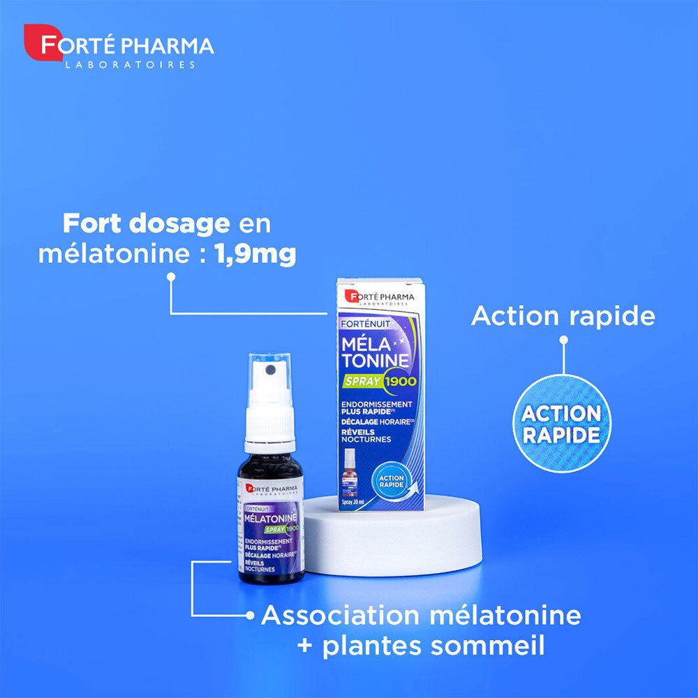Flacon spray et boîte sur fond bleu. Flacon spray: Forté Pharma, Mélatonine Spray 1900. Boîte: Forté Pharma, Forténuit, Mélatonine Spray 1900.
