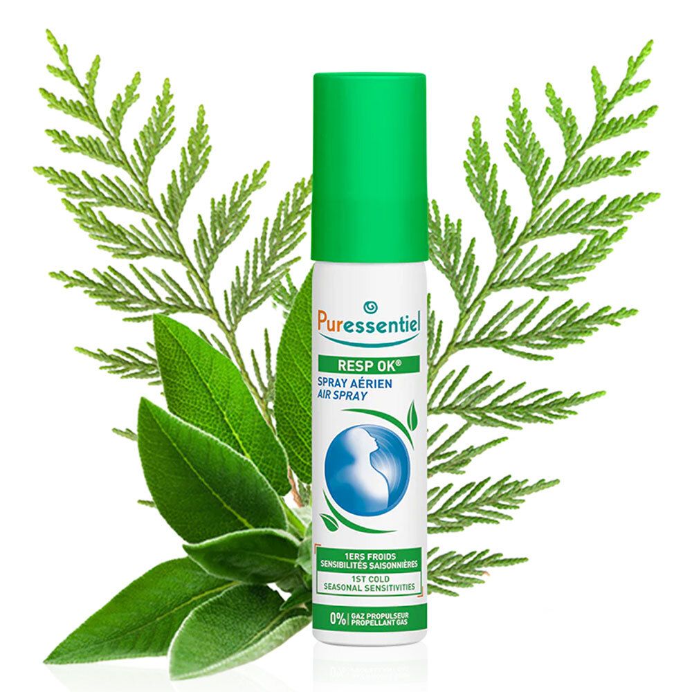 Spray Resp'OK Air de Puresseentiel. Flacon. Vert et blanc. Décoré de feuilles et de branches.
