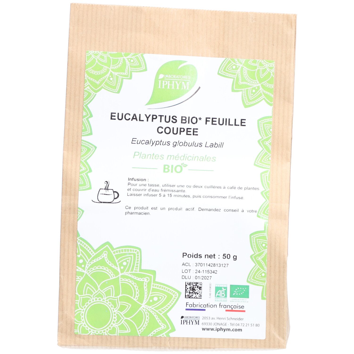 Eucalyptus Bio Feuille Coupée Iphym, Feuille d'eucalyptus bio, coupée, vrac, sac 50 g