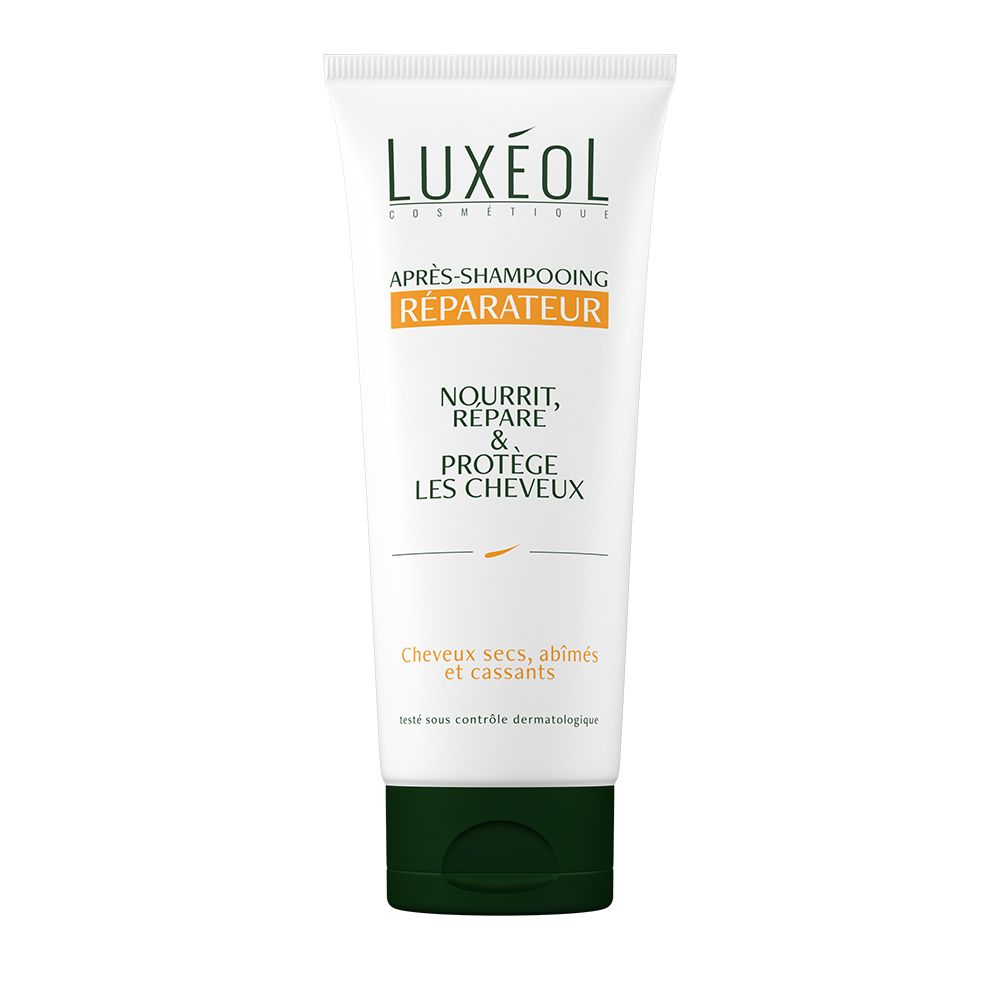 Tube blanc avec bouchon vert. Texte: LUXÉOL, Après-shampooing Réparateur, Nourrit, Répare & Protège les Cheveux. Pour cheveux secs, abîmés.