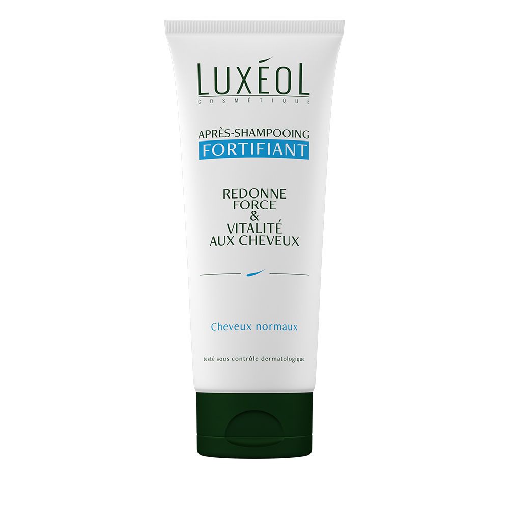 Tube blanc et vert. Texte "Luxéol" et "Après-shampooing fortifiant". Pour cheveux normaux.