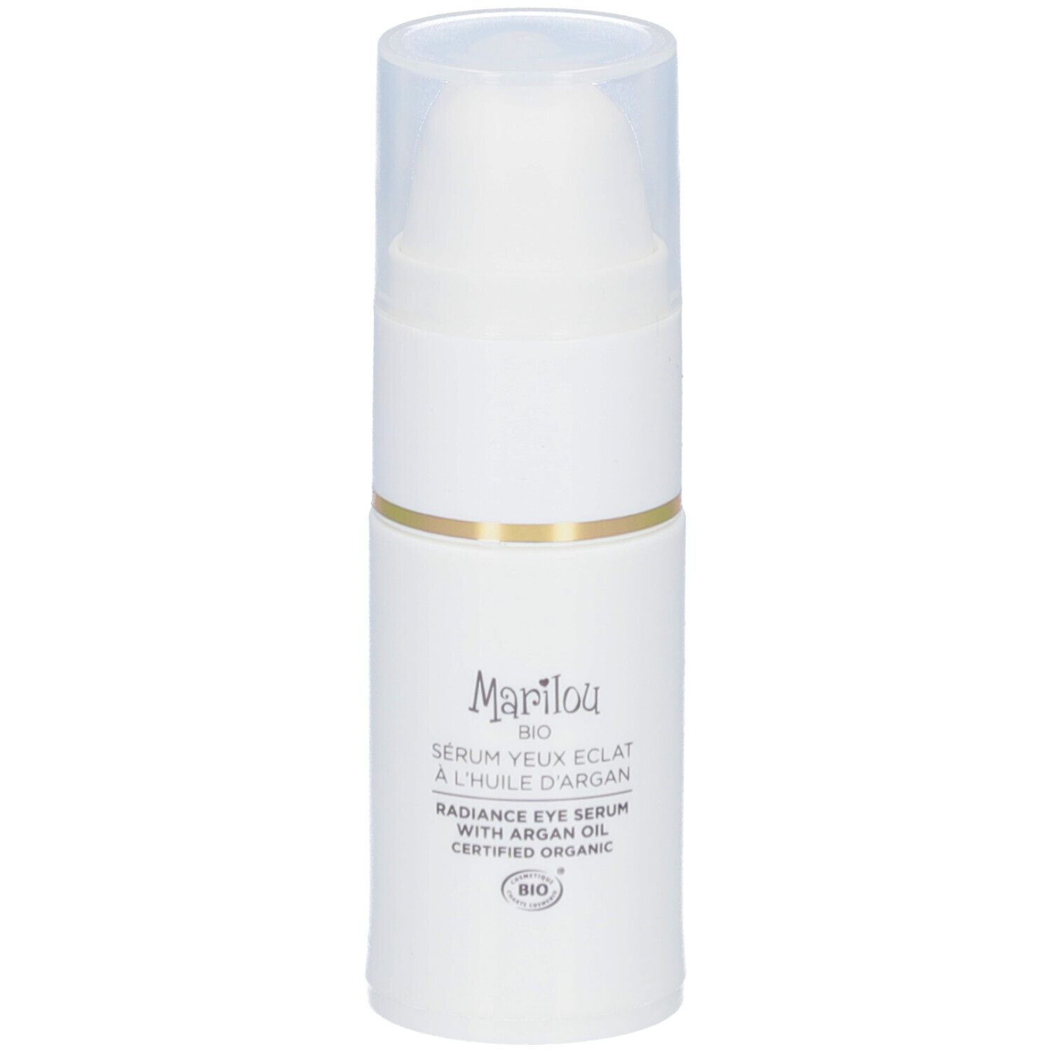 Flacon blanc avec pompe. Inscriptions: Marilou Bio, Sérum Yeux Éclat, Radiance Eye Serum, à l'huile d'argan. Certification Bio.