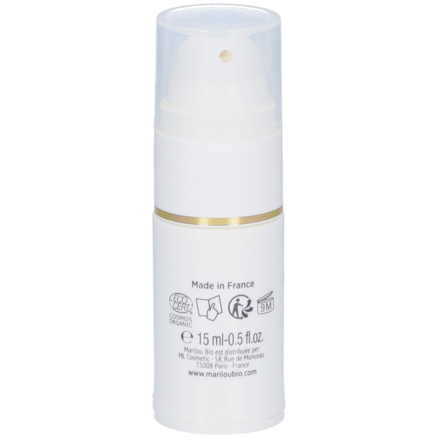 Flacon blanc avec pompe. Inscriptions: Made in France, logos. E 15 ml - 0.5 fl.oz. Marilou Bio, adresse, site web.