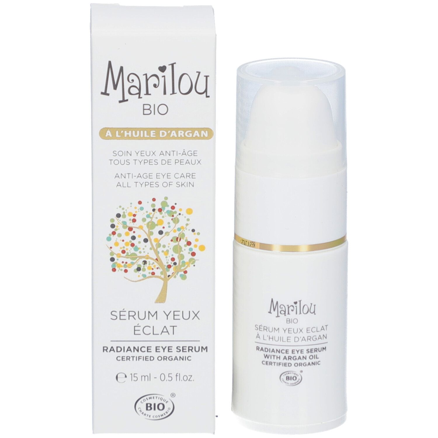 Produit et emballage. Flacon blanc avec pompe et carton. Inscriptions: Marilou Bio, Sérum Yeux Éclat, 15 ml, certification Bio.