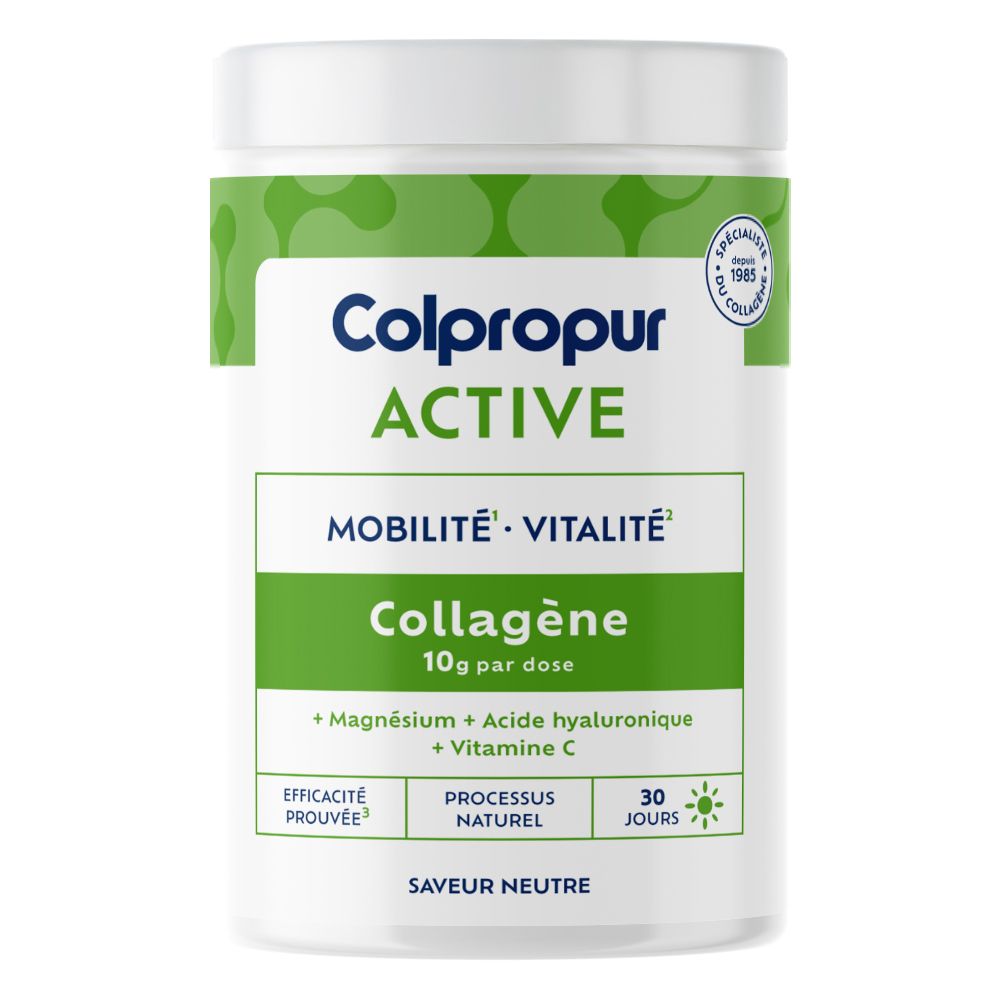 Poudre de collagène Colpropur Active saveur neutre, 30 portions journalières.