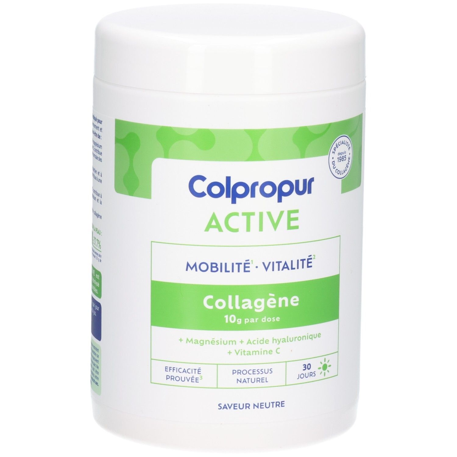 Poudre de collagène Colpropur Active saveur neutre, 30 portions journalières.