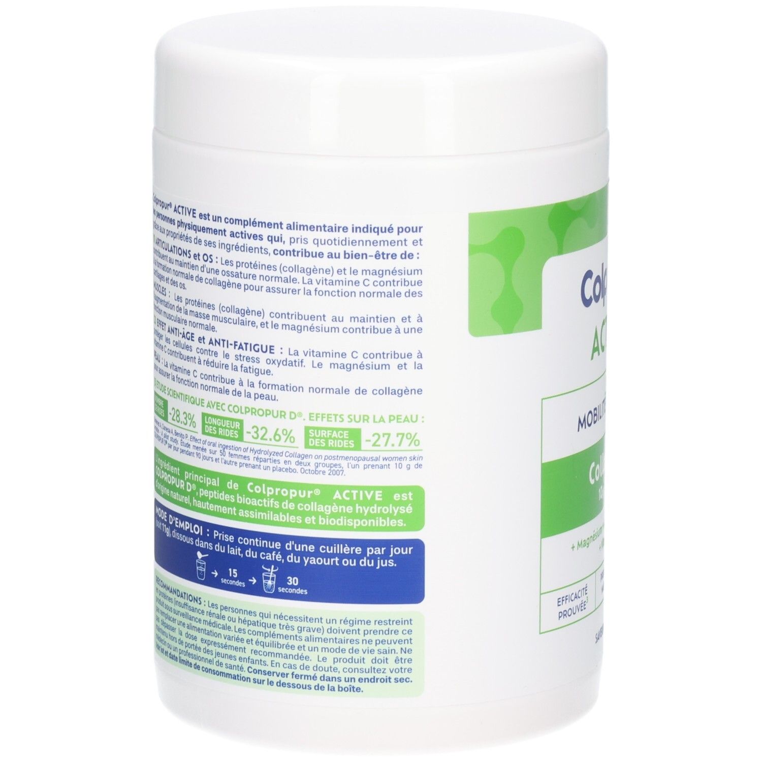 Arrière de la boîte de poudre de collagène Colpropur Active avec informations nutritionnelles et ingrédients.