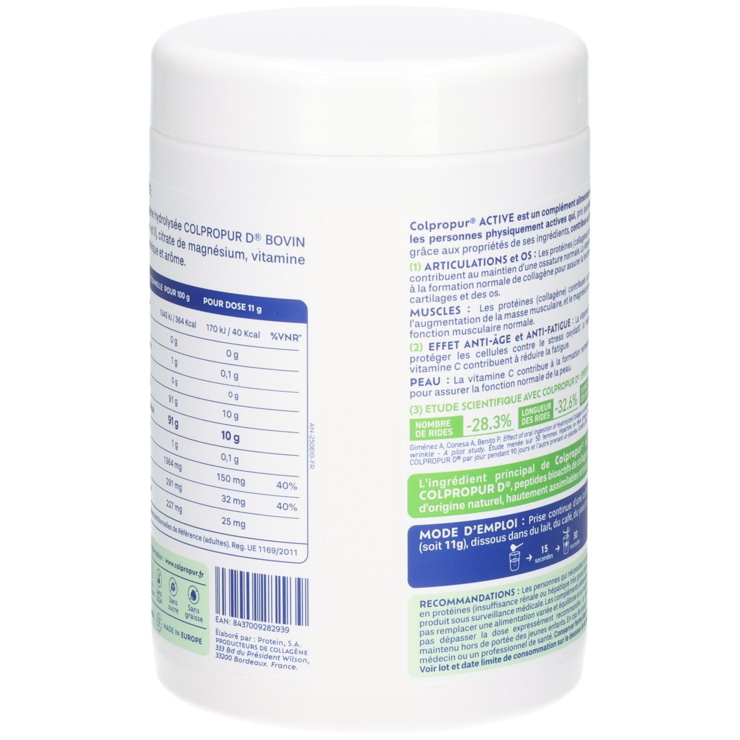 Vue latérale de la boîte de poudre de collagène Colpropur Active avec informations nutritionnelles détaillées.