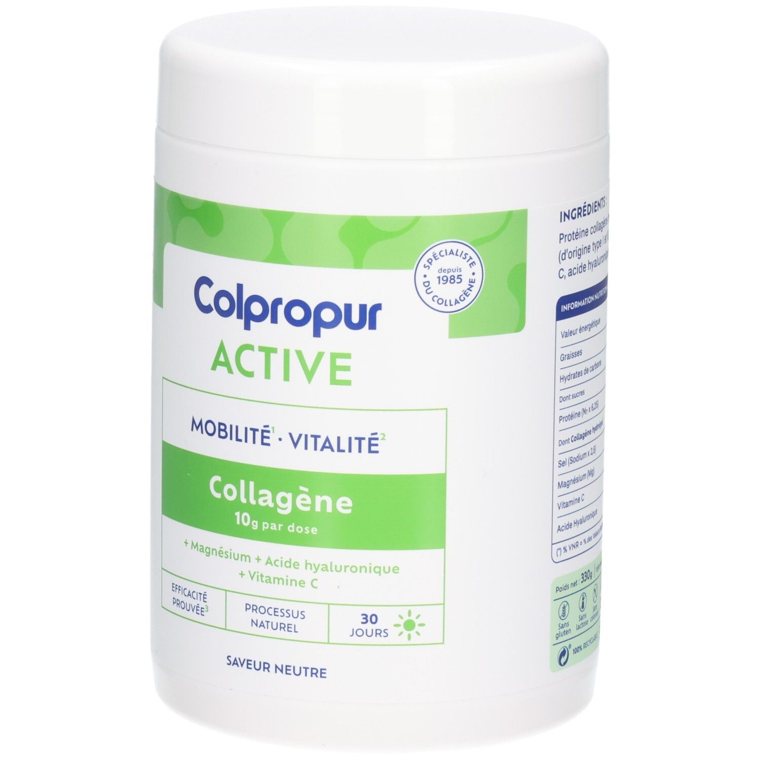 Poudre de collagène Colpropur Active saveur neutre, 30 portions journalières.