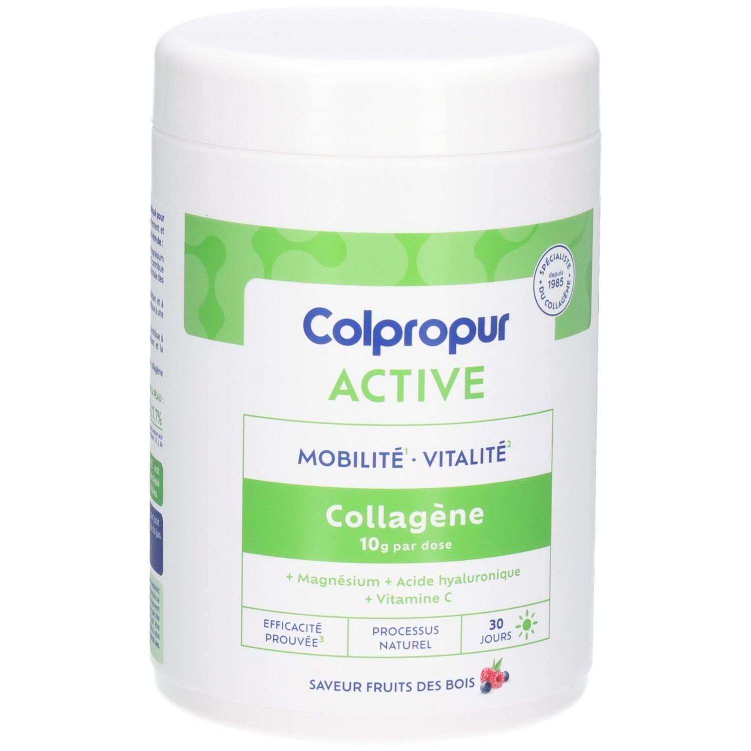 Colpropur Active Collagène en poudre saveur fruits des bois. Boîte de 30 portions.