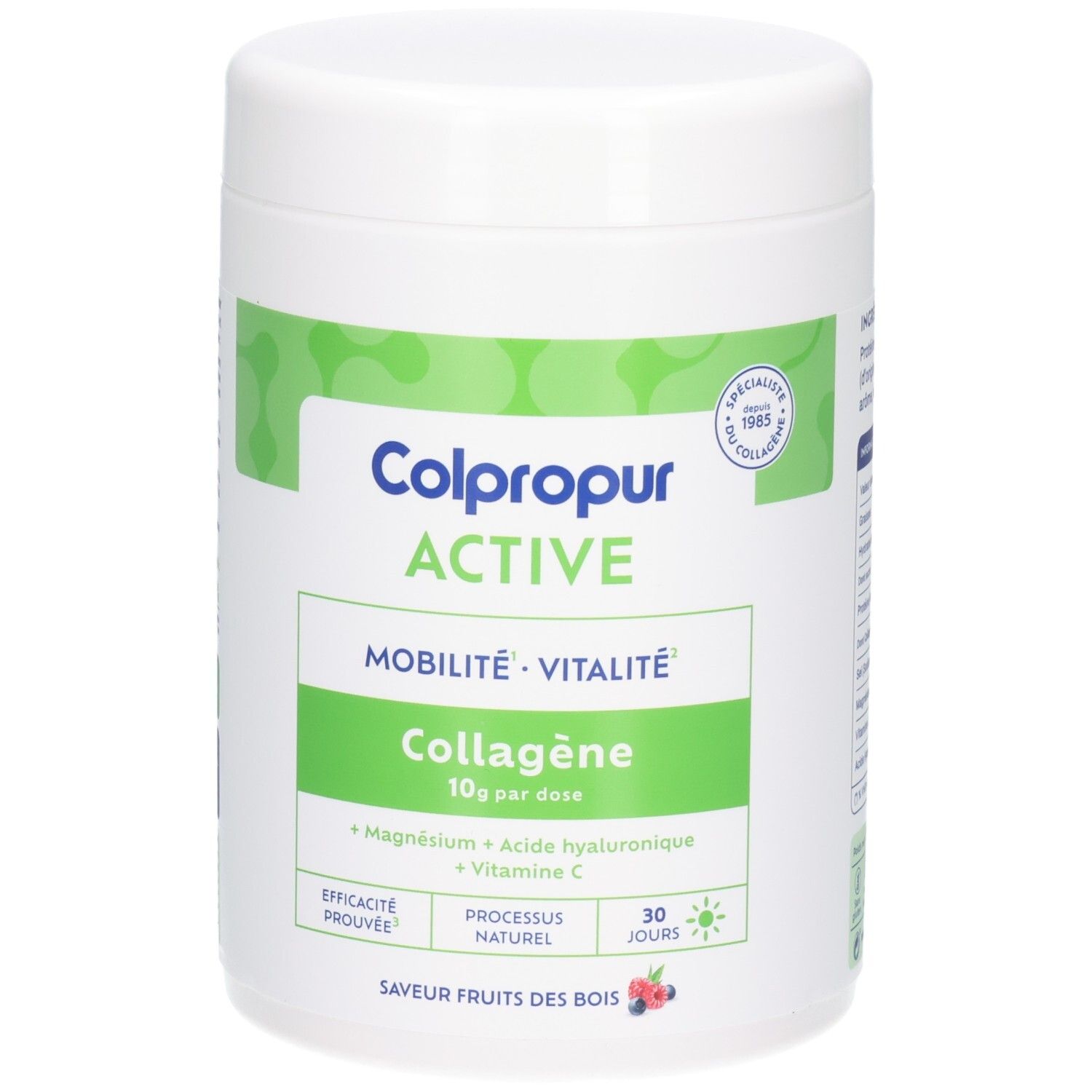 Colpropur Active Collagène en poudre saveur fruits des bois. Boîte de 30 portions.