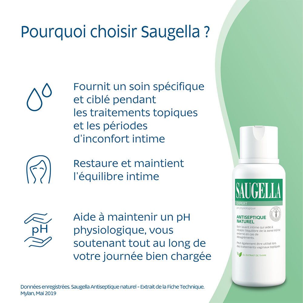 Saugella - Antiseptique Naturel - Soin lavant pour rétablir l’équilibre de la zone intime - à base d'extrait de thym - Apaise les irritations et les démangeaisons intimes - Flacon 250 ml