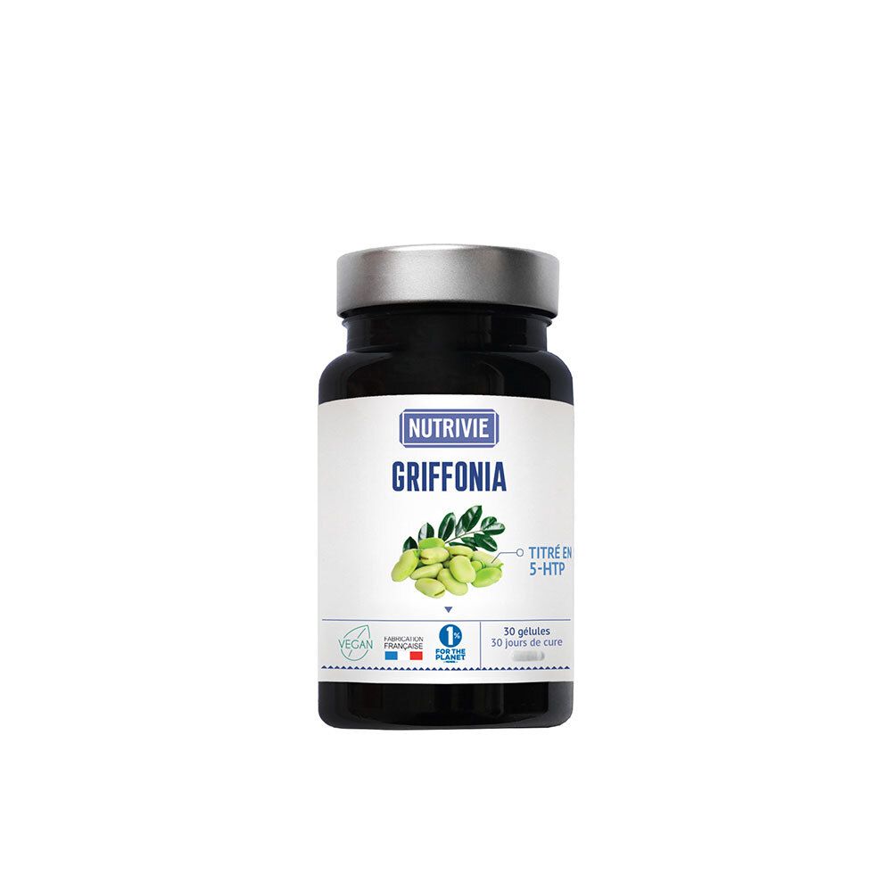 Bouteille foncée de gélules Nutrivie Griffonia, étiquette avec haricots verts et texte.