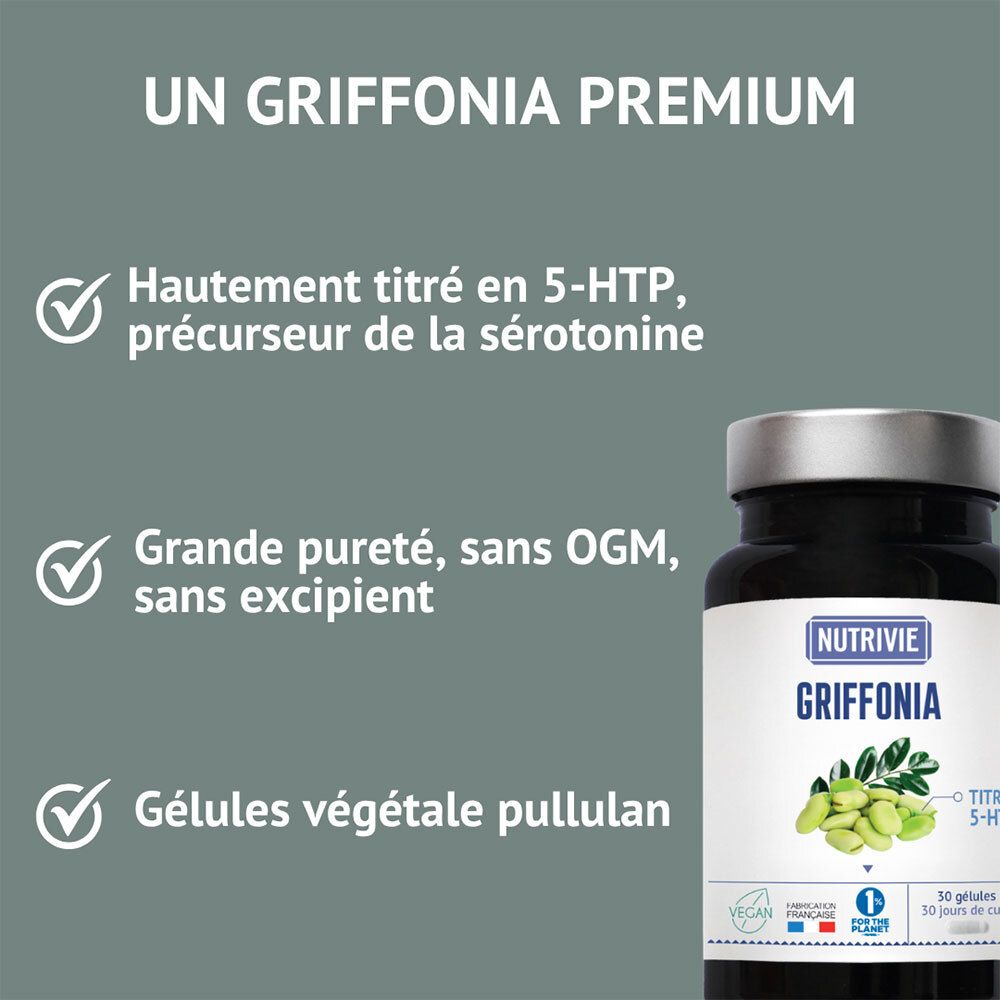Bouteille de gélules Nutrivie Griffonia avec texte sur haute teneur en 5-HTP, pureté et gélules végétales.