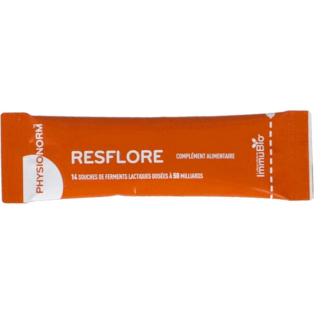Sachet individuel Resflore. Sachet orange avec nom du produit et informations. Marques Physionorm et Immubio.