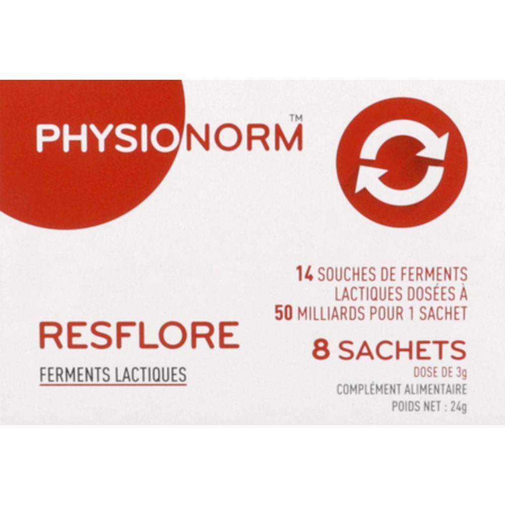 Boîte de Resflore. Boîte blanche avec logo rouge et informations produit. Contient 8 sachets. Marque Physionorm.