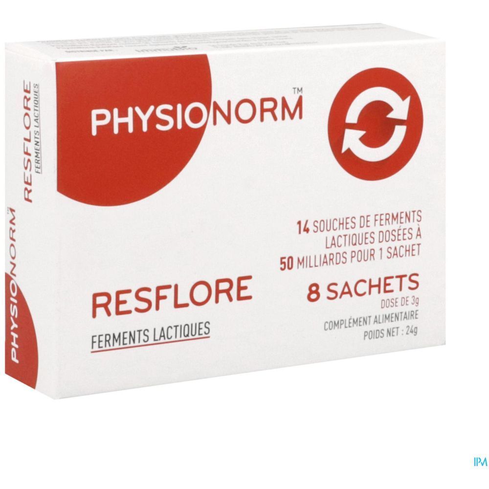 Boîte Resflore. Boîte blanche avec logo rouge et informations produit. Contient 8 sachets. Marque Physionorm.