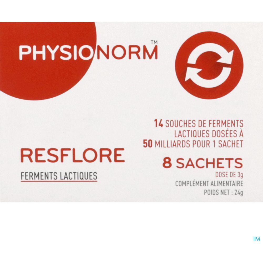 Boîte de Resflore. Boîte blanche avec logo rouge et informations produit. Contient 8 sachets. Marque Physionorm.