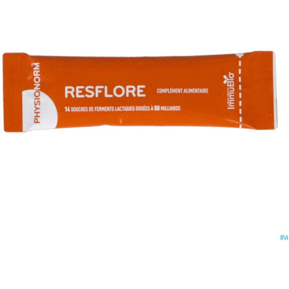 Sachet individuel Resflore. Sachet orange avec nom du produit et informations. Marques Physionorm et Immubio.